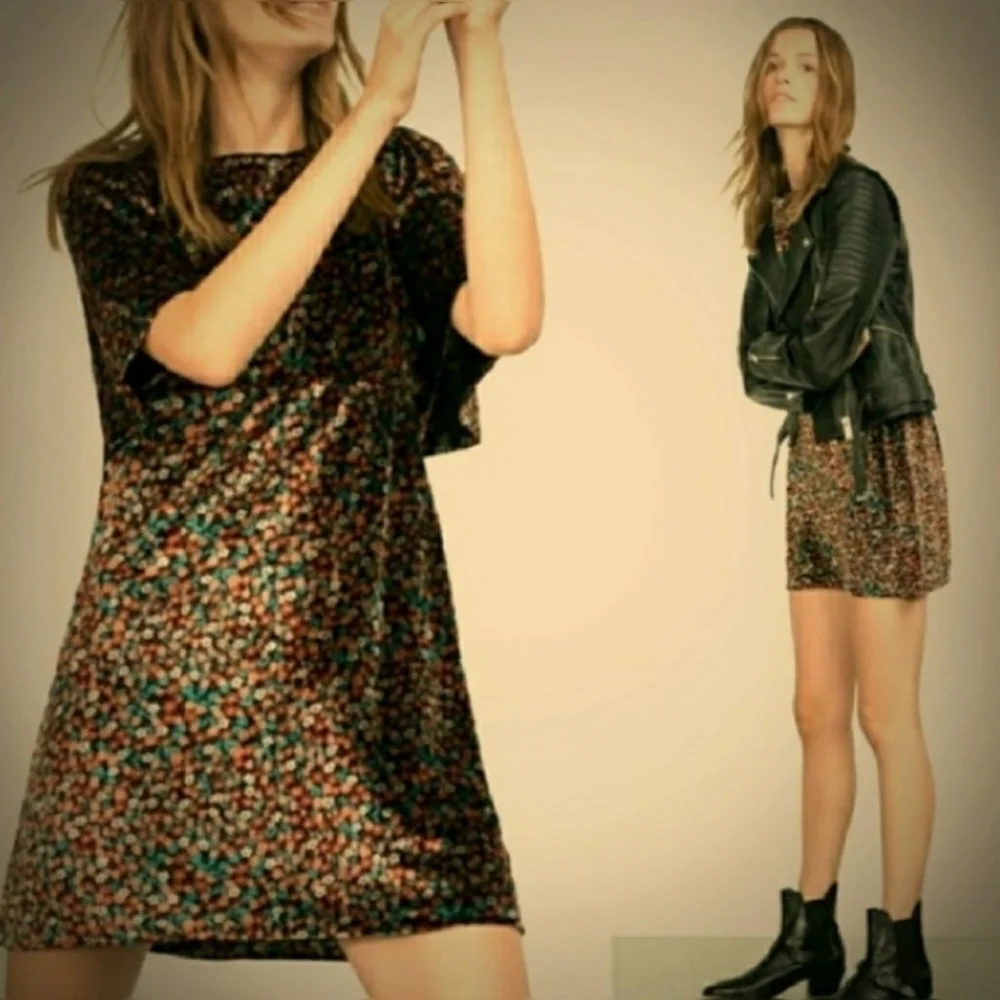 ZARA // short bell sleeve floral velvet mini dress
